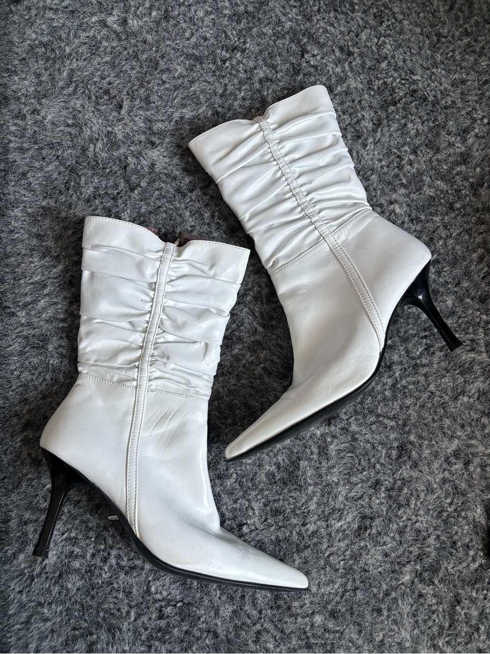 Vintage White Ruched Mid-Calf Pointed Toe Stiletto Boots